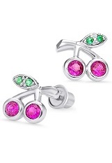 pretty silver cz red cherry baby screw back earrings